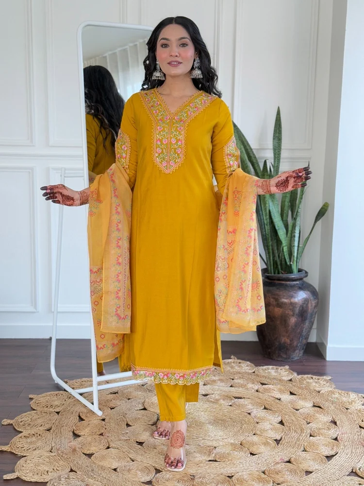 44KBD04-642- Mustard Women Kurta Set With Dupatta
