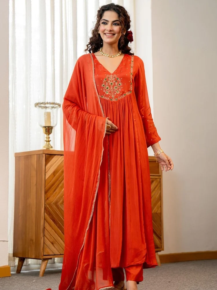 59KBD03-661-ORANGE Women Kurta Set Wth Dupatta
