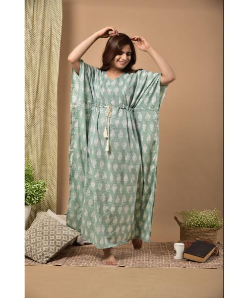 Cotton Floral Kaftan With Striped Border - Size  Medium