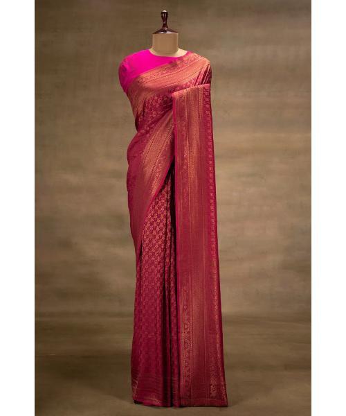 Pink Zari Woven Saree  Crepe Fabric  Unstitched Blouse With Gold Zari Border 